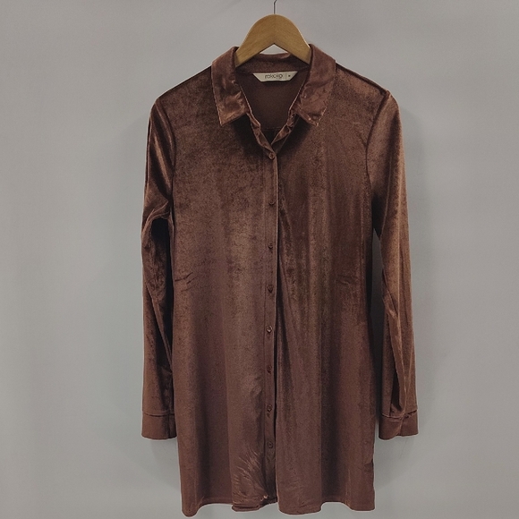 Rokoko By Dazz Size Medium Rose Color Velour Button Down Blouse Long Sleeve - Picture 1 of 6